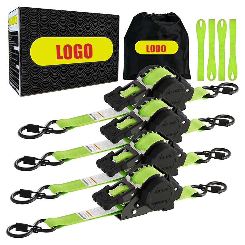 4 Pack Green Retractable Ratchet Straps 1” x 12' x 1800 LBS Self Retracting S Hook for Motorcycle, ATV, UTV and Trailer
