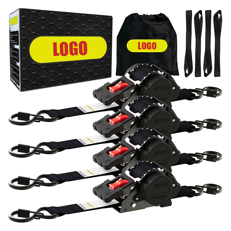 4 Pack Black Retractable Ratchet Straps 1” x 12' x 1800 LBS Self Retracting S Hook for Motorcycle, ATV, UTV and Trailer