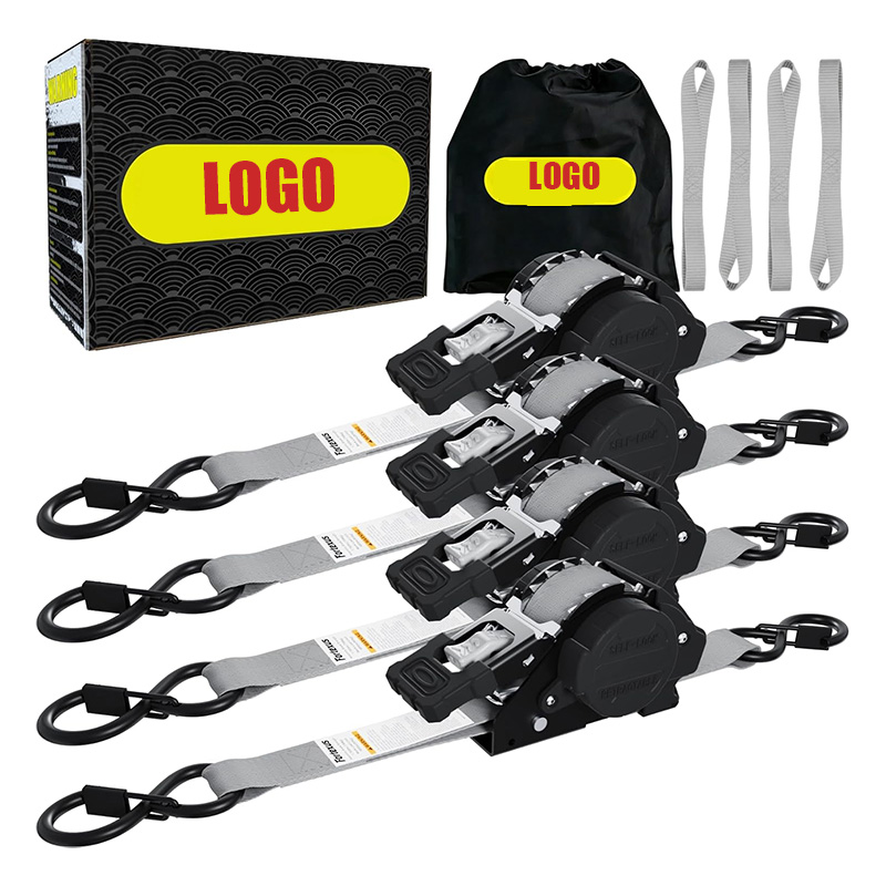 4 Pack Gray Retractable Ratchet Straps 1” x 12' x 1800 LBS Self Retracting S Hook for Motorcycle, ATV, UTV and Trailer
