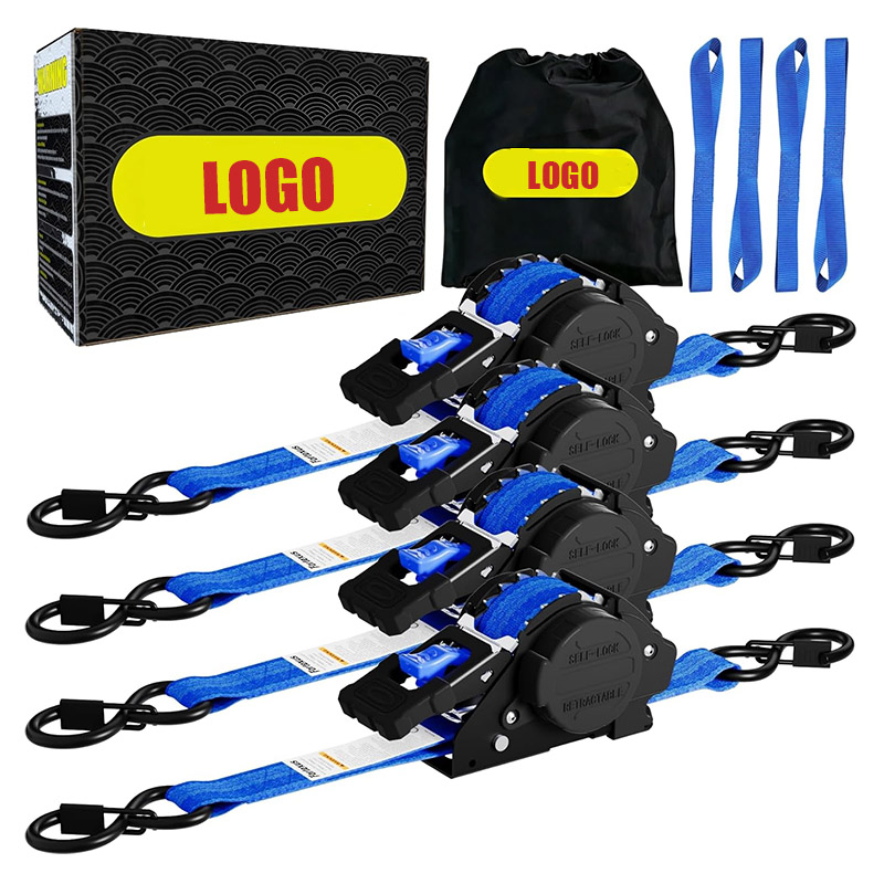 4 Pack Blue Retractable Ratchet Straps 1” x 12' x 1800 LBS Self Retracting S Hook for Motorcycle, ATV, UTV and Trailer
