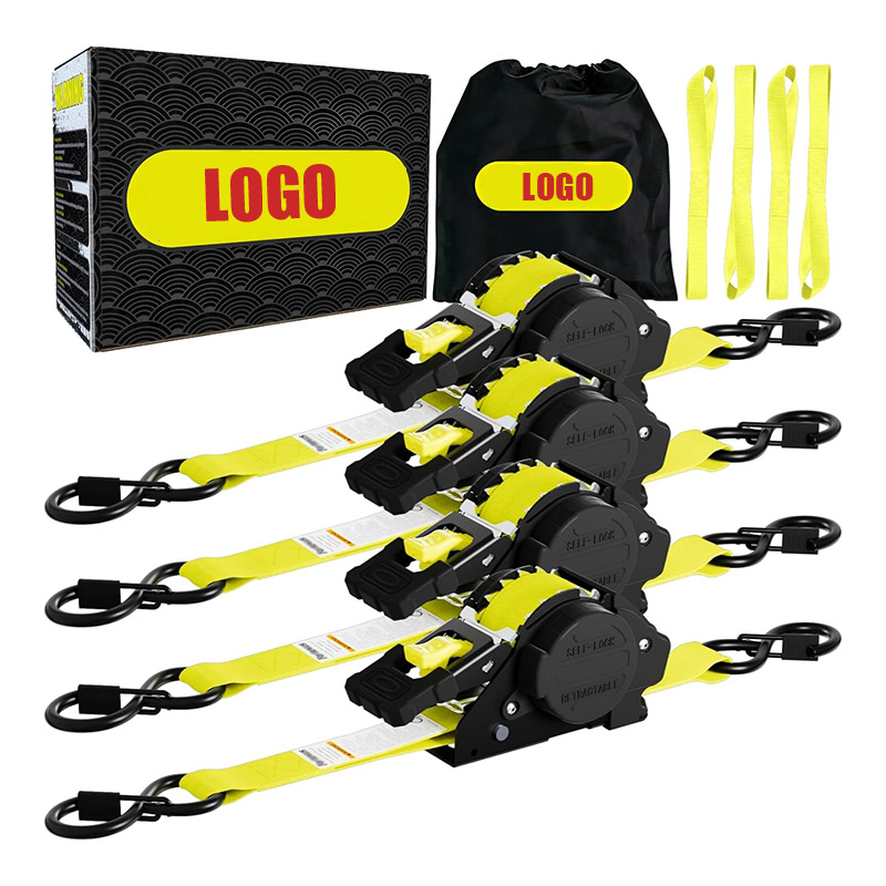 4 Pack Yellow Retractable Ratchet Straps 1” x 12' x 1800 LBS Self Retracting S Hook for Motorcycle, ATV, UTV and Trailer