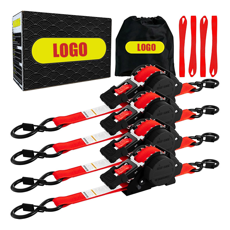 4 Pack Red Retractable Ratchet Straps 1” x 12' x 1800 LBS Self Retracting S Hook for Motorcycle, ATV, UTV and Trailer
