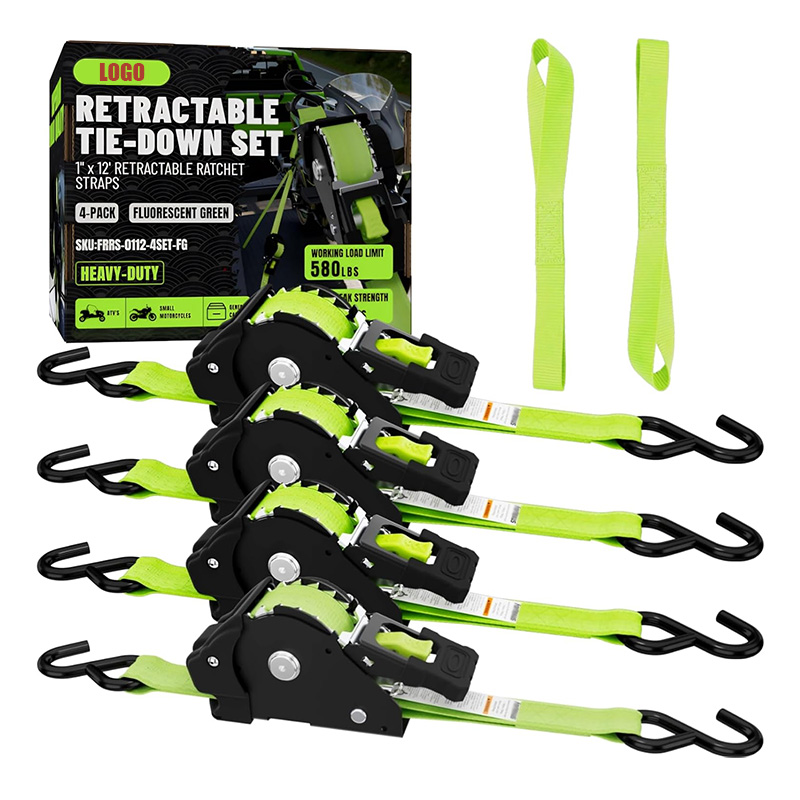 4 Pack Green Retractable Ratchet Straps 1” x 12' x 1740 LBS with 2 pcs Soft Loop Straps