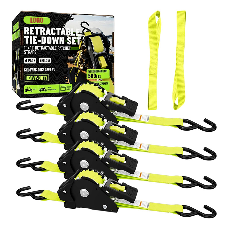 4 Pack Yellow Retractable Ratchet Straps 1” x 12' x 1740 LBS with 2 pcs Soft Loop Straps