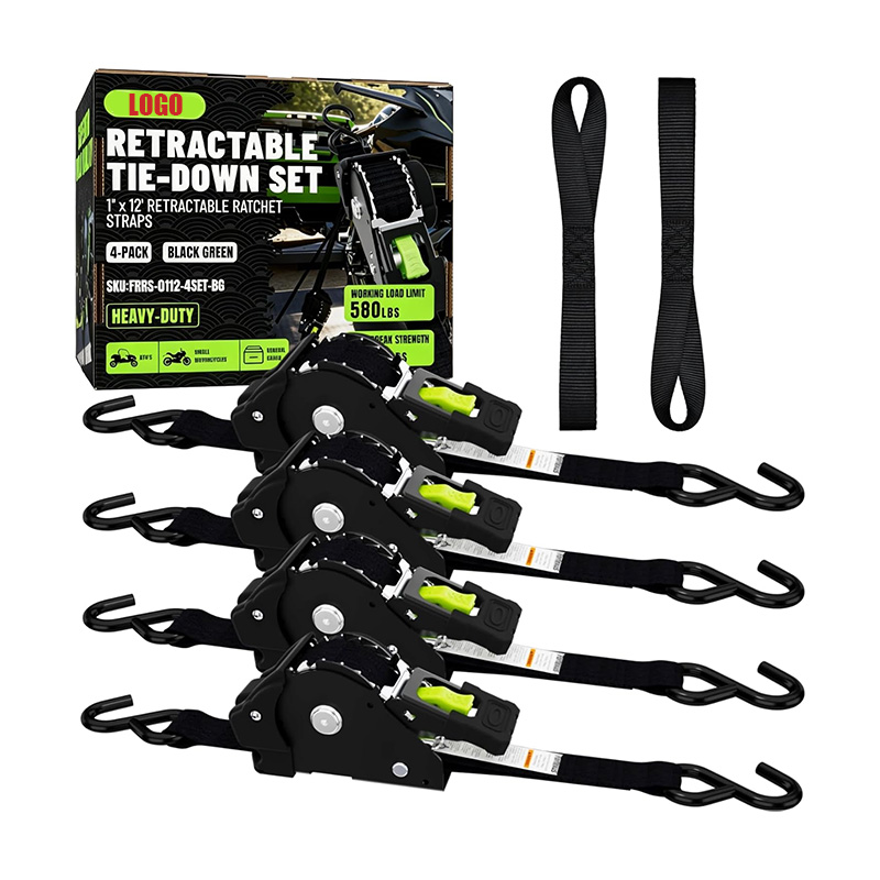 4 Pack Black Retractable Ratchet Straps 1” x 12' x 1740 LBS with 2 pcs Soft Loop Straps